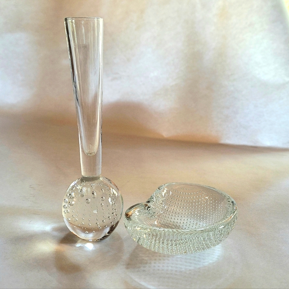 VTG Clear Glass Controlled Bubbles Bud Vase and Trinket Dish